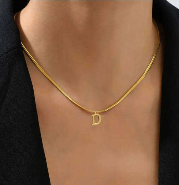 Initial / Letter on 2mm Wide Gold Plated Herringbone Chain Necklace