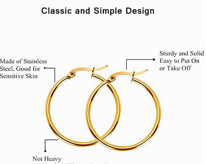 Set of 3 Pairs Stainless Steel Gold-Plated Hoop Earrings Hypoallergenic & Tarnish-Free