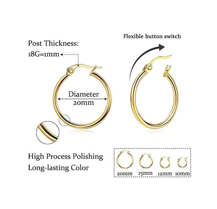 Gold Plated Hoop Earring Set (4 Pairs) - Waterproof, Hypoallergenic, Everyday Wear