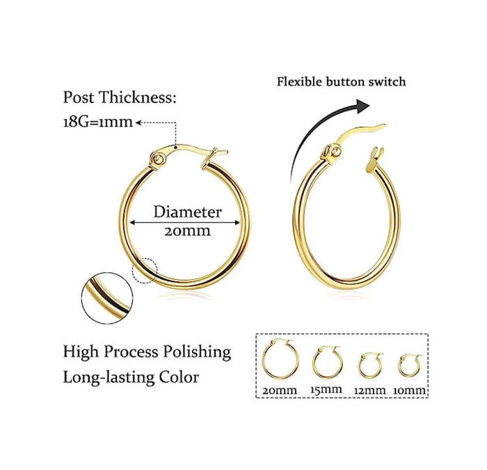 Set of 4 Pairs Stainless Steel Gold Plated Hoop Earrings in Jewellery Gift Box