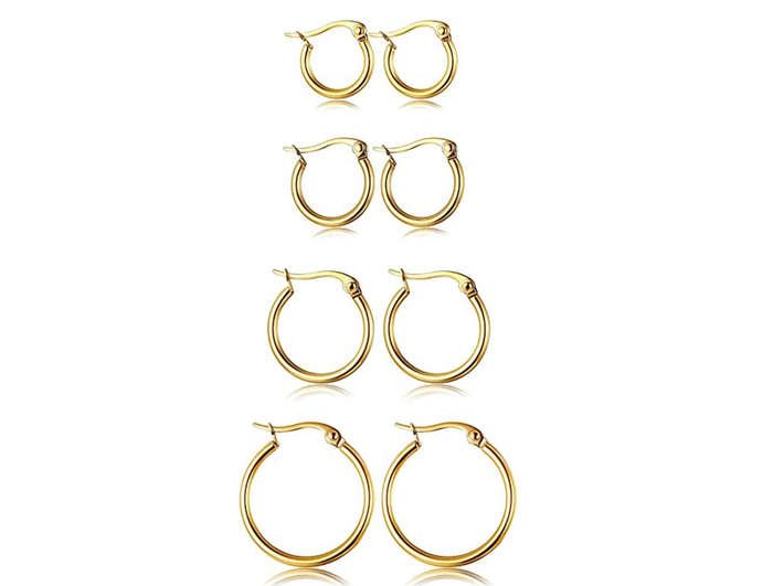 Gold Plated Hoop Earring Set (4 Pairs) - Waterproof, Hypoallergenic, Everyday Wear