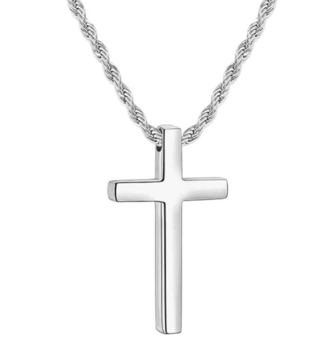 Cross Necklace for Men  316L Durable Stainless Steel Pendant in Silver on 55cm Rope Chain