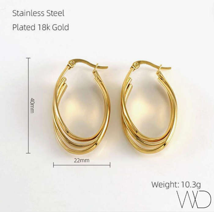 Gold Plated Non Tarnish Stainless Steel Tri Oval  Earrings