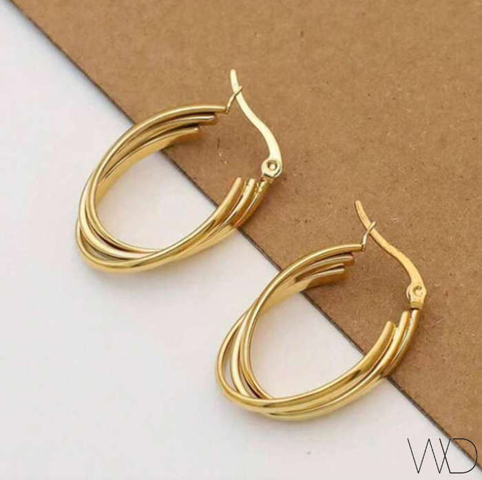 Gold Plated Non Tarnish Stainless Steel Tri Oval  Earrings