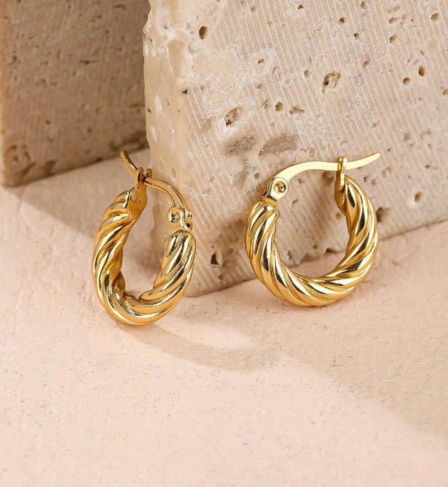 18k Gold Plated Non Tarnish Stainless Steel Small Corded Hoop Earrings