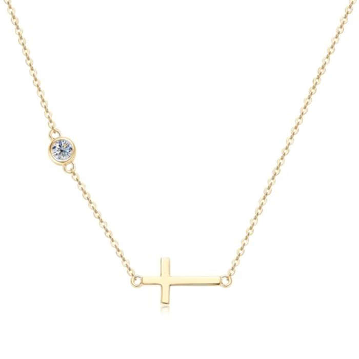 18k Gold Plated Non Tarnish Stainless Steel Cross Pendant Necklace with White Gemstone