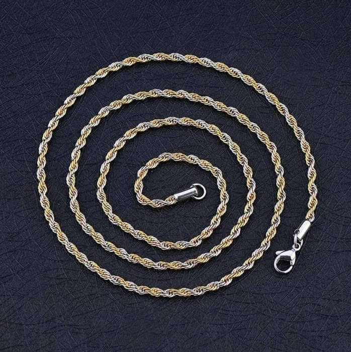 3mm Elegant Dual Tone Diamond Cut Rope Chain Twist Stainless Steel Necklace - 45cm length