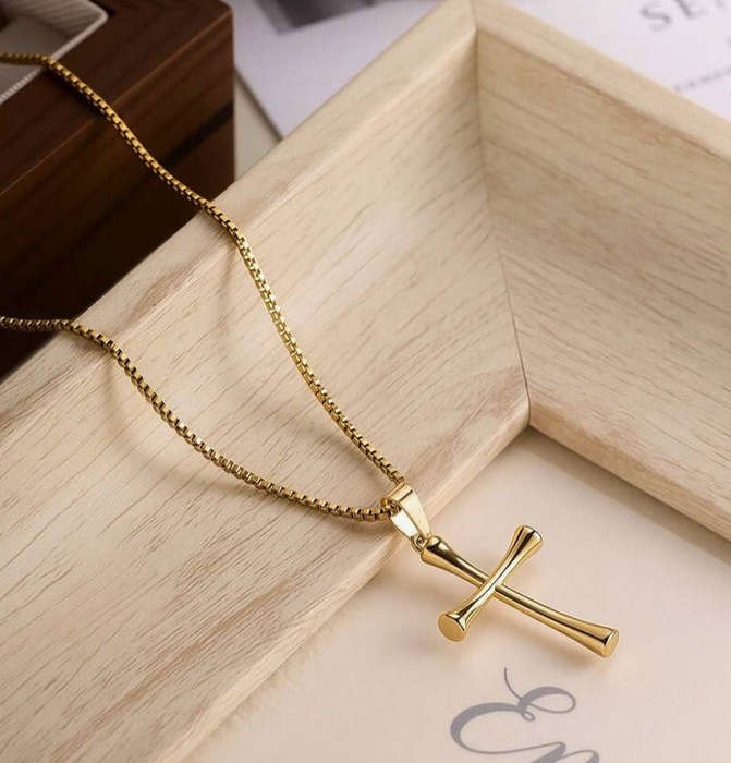 Minimalist Gold Plated Stainless Steel Cross Chain Necklace in Velvet Jewellery Gift Box