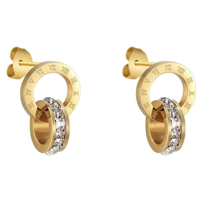 Gold Colour Stainless Steel Roman Numerals Circle Drop Earrings