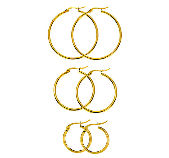 Set of 3 Pairs Stainless Steel Gold-Plated Hoop Earrings Hypoallergenic & Tarnish-Free