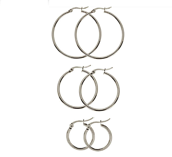 Set of 3 Pairs Stainless Steel Silver -Plated Hoop Earrings Hypoallergenic & Tarnish-Free