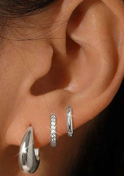 Beautiful Set of 3 Silver Plated Stainless Steel Mixed Design Waterproof Hoop and Huggie Earrings