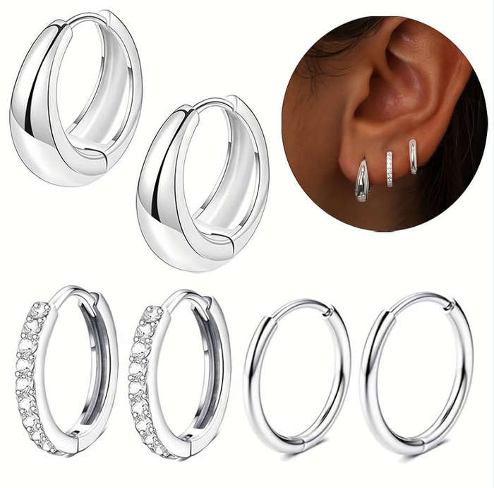 Beautiful Set of 3 Silver Plated Stainless Steel Mixed Design Waterproof Hoop and Huggie Earrings