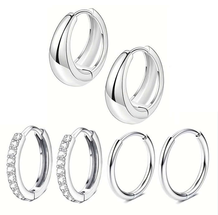Beautiful Set of 3 Silver Plated Stainless Steel Mixed Design Waterproof Hoop and Huggie Earrings