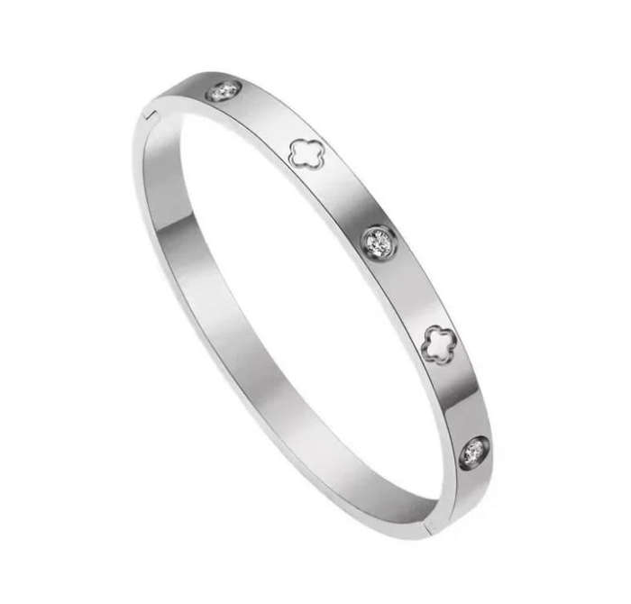 Magnificent Silver Plated Stainless Steel Diamante and Clover Love Luck Bangle