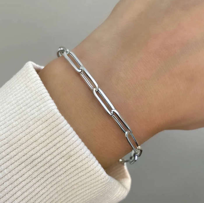 Silver Plated Paperclip Rectangle Link Stainless Steel Bracelet