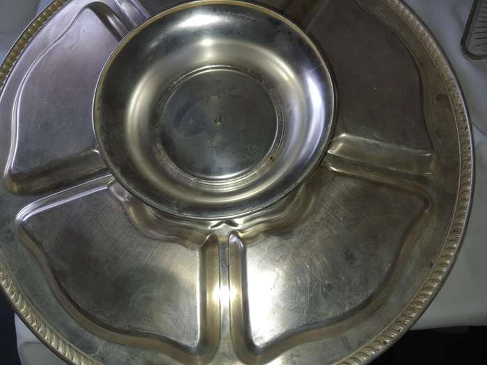 A VINTAGE SILVER PLATED LAZY SUZAN WITH GLASS INSERTS