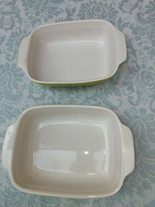 TWO GREEN COLOURED STONEWAREOVEN PROOF LAZANIA DISHES