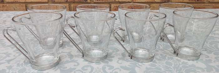 8 Glass tea mugs, tea cups or coffee cups, metal handle, Bormioli Rocco 1980s SOLD AS IS