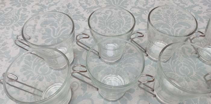 8 Glass tea mugs, tea cups or coffee cups, metal handle, Bormioli Rocco 1980s SOLD AS IS