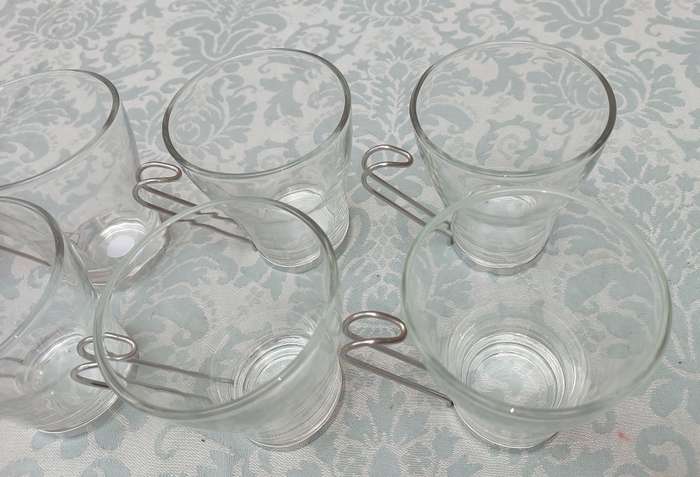 8 Glass tea mugs, tea cups or coffee cups, metal handle, Bormioli Rocco 1980s SOLD AS IS