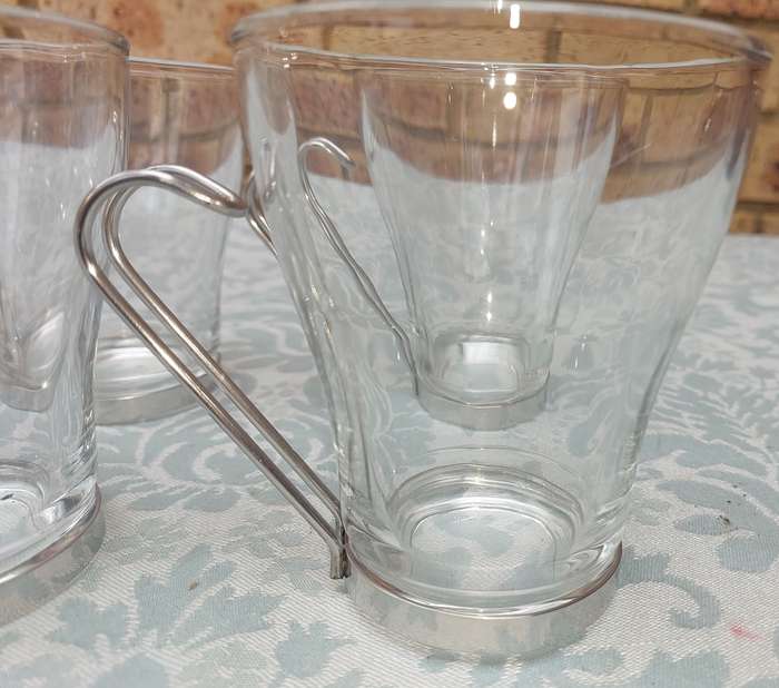 8 Glass tea mugs, tea cups or coffee cups, metal handle, Bormioli Rocco 1980s SOLD AS IS