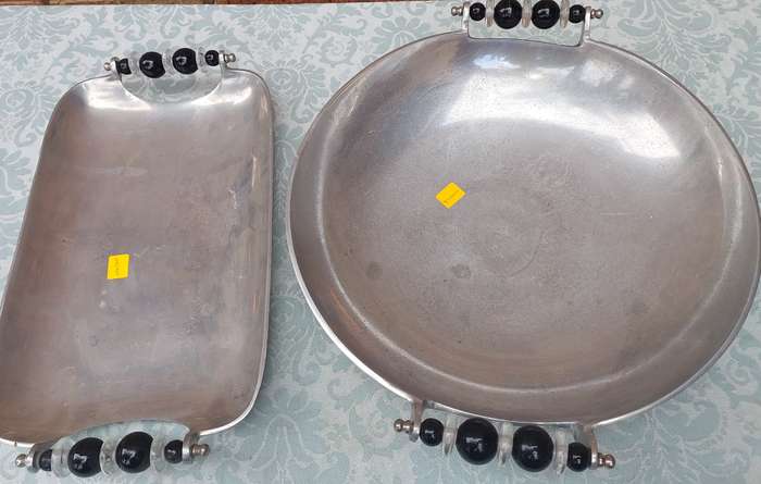 TWO ART DECOR ALLUMINIUM ALLOY CAROL BOYES STYLE SERVING PLATTERS SOLD AS IS