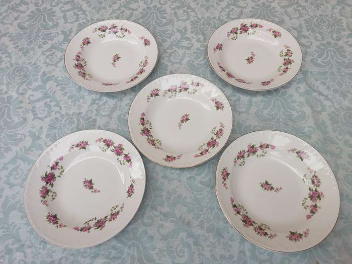 A VINTAGE SET OF 5 PORCELAIN DINNER PLATES WITH SILVER TRIM SOLD AS IS