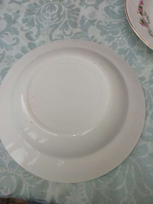 A VINTAGE SET OF 5 PORCELAIN DINNER PLATES WITH SILVER TRIM SOLD AS IS