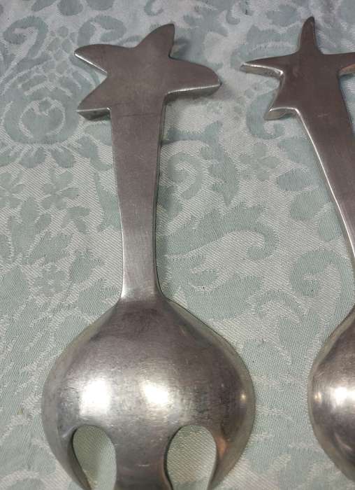 AN ART DECOR PEWTER SET SALAD LADELS SOLD AS IS