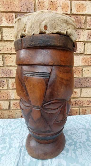 Genuine South African Hand Carved Hard Wood Two Faced Sculpture Tribal Bongo Drum