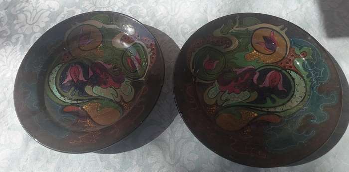 TWO RARE VINTAGE WALL PLAQUES BY GOUDA HOLLAND HAND MADE ART PLATES SOLD AS IS