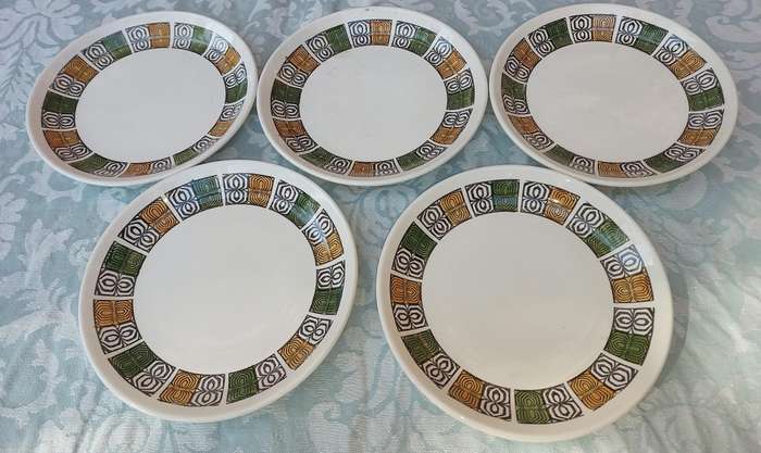 A VINTAGE COLLECTION OF 5 HAND PAINTED IRONSTONE CAKE PLATES BY BILTONS ENGLAND SOLD AS IS