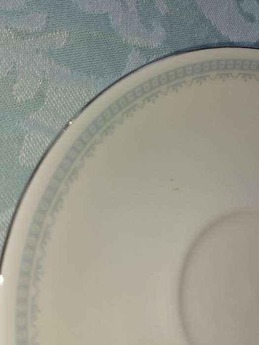 A COLLECTION OF 10 CONTINENTAL SAUCERS WHITE WITH SILVER TRIM AND LIGHT BLUE ART WORK SOLD AS IS