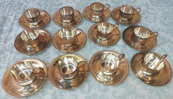 Vintage espresso set of 12 silver plated cups and saucers without  demitasse porcelain cups