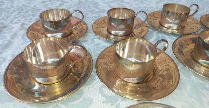Vintage espresso set of 12 silver plated cups and saucers without  demitasse porcelain cups