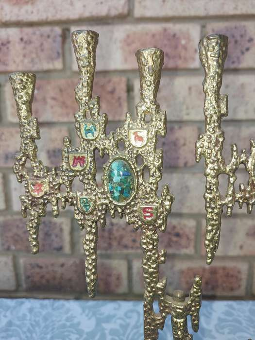 A VINTAGE BRUTALIST BRASS SWIVEL ARMS HANUKKAH MENORAH WAINBERG ISRAEL 13 X 12 INCHES SOLD