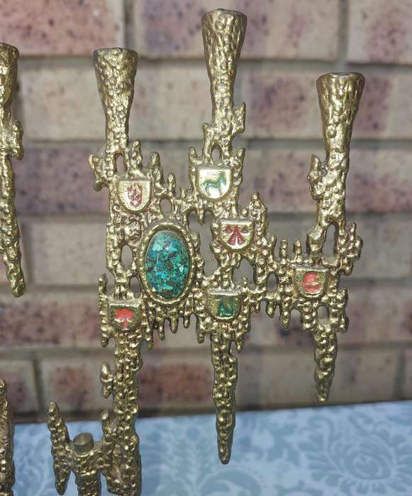 A VINTAGE BRUTALIST BRASS SWIVEL ARMS HANUKKAH MENORAH WAINBERG ISRAEL 13 X 12 INCHES SOLD