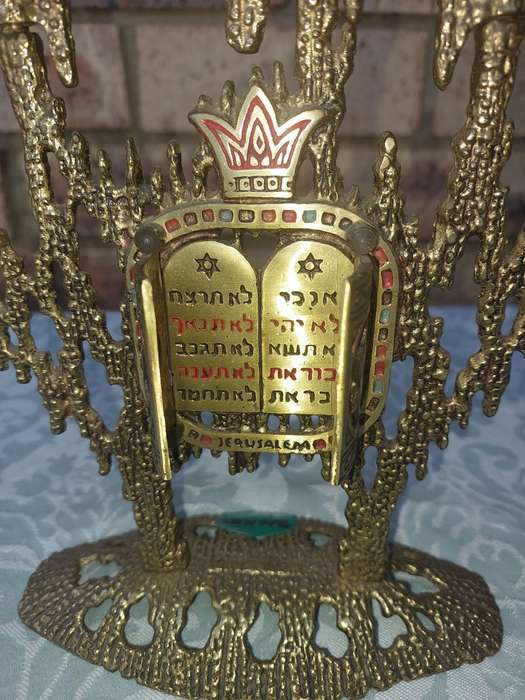A VINTAGE BRUTALIST BRASS SWIVEL ARMS HANUKKAH MENORAH WAINBERG ISRAEL 13 X 12 INCHES SOLD