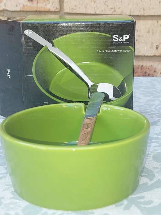 TWO DELISH S A & P OLIVE DISHES WITH SPOONS SOLD AS IS