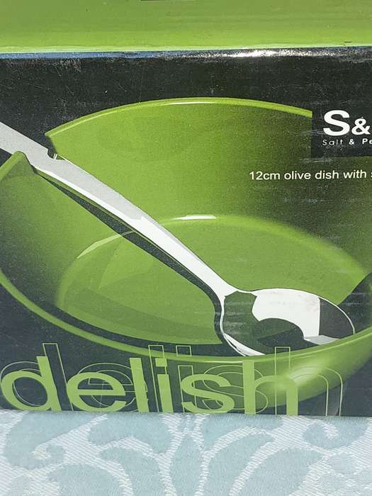 TWO DELISH S A & P OLIVE DISHES WITH SPOONS SOLD AS IS