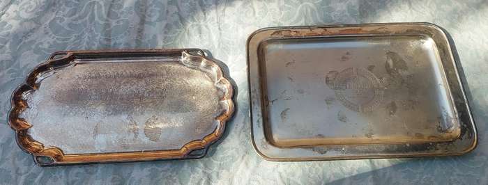 TWO ANTIQUE SERVING TRAYS SILVER PLATED SOLD AS IS