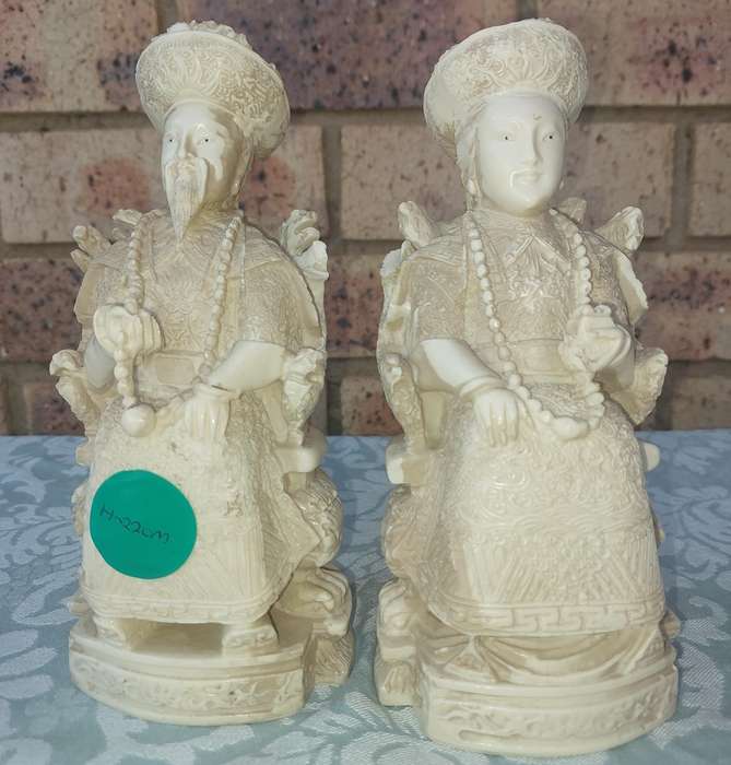 Pair of Chinese Ancestor Emperor Figures King Queen on Thrones - 1960's - vintage carved white resin