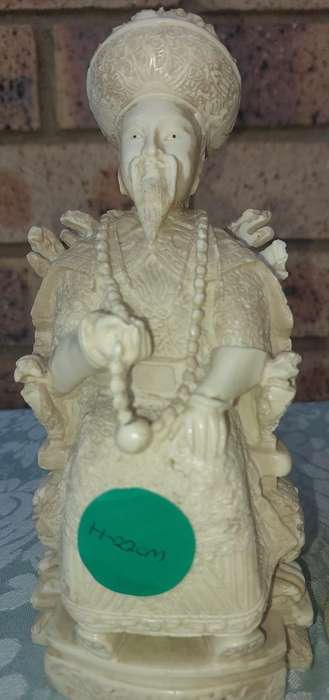 Pair of Chinese Ancestor Emperor Figures King Queen on Thrones - 1960's - vintage carved white resin