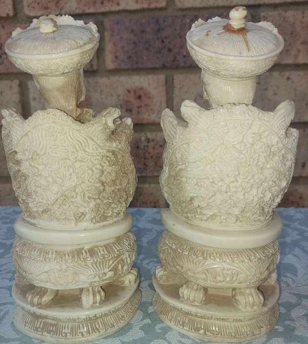 Pair of Chinese Ancestor Emperor Figures King Queen on Thrones - 1960's - vintage carved white resin