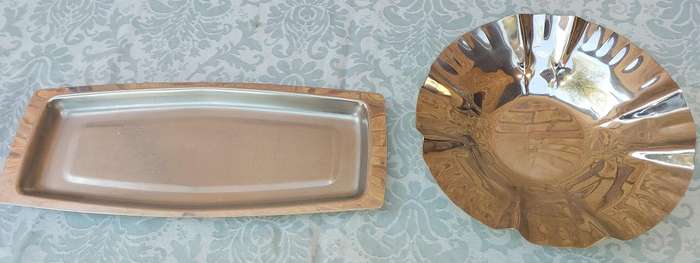 TWO STAINLESS STEEL SERVING PLATTERS SOLD AS IS