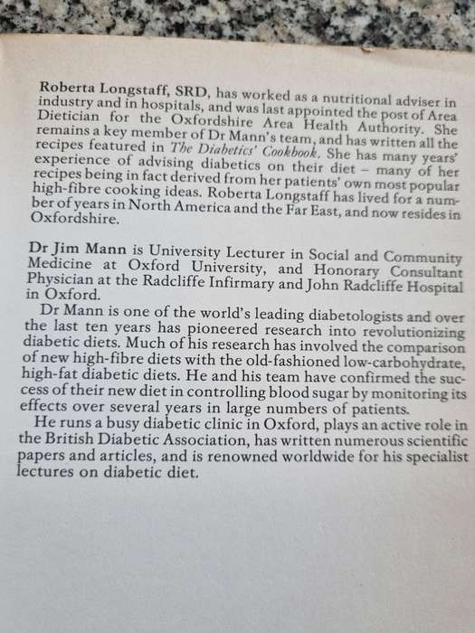 THE DIABETICS COOKBOOK ROBERTA LONGSTAFF Dr JIM MANN Positive Health Guide 180 dishes high fibre