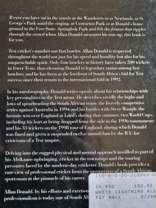 ALLAN DONALD THE AUTOBIOGRAPHY WHITE LIGHTNING  (  cricket )