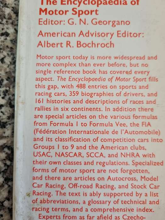 The ENCYCLOPAEDIA OF MOTOR SPORT Ed. G N GEORGANO Fwd. Stirling Moss see  S A Index references