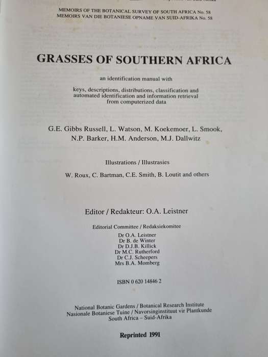 Grasses Of Southern Africa G E GIBBS RUSSELL L WATSON M KOEKEMOER et al Botanical Survey no. 58